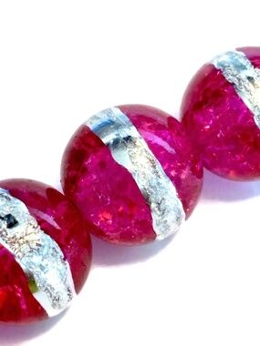🔥$1 Clearance Crackle Fuchsia Rounds With A Silver Band Glass Beads 14mm (10)